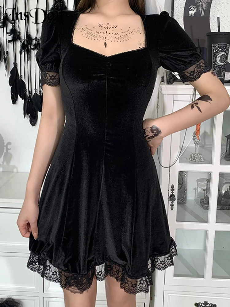 InsDoit Mall Gothic Samt Sommer Mini Kleider Frauen Vintage Punk Grunge Spitze Sexy Kleid Harajuku Ästhetische Elegante Party Kleid