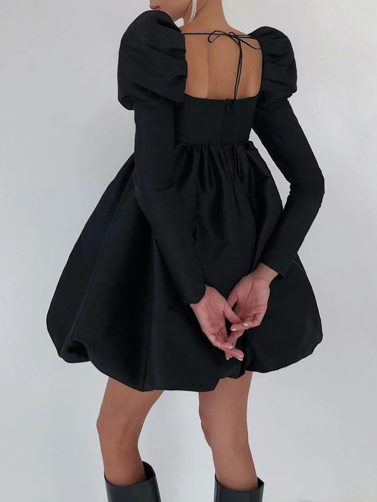 Rapwriter Elegant A Line Dress Vintage Square Collar Party Dress Korean Evening Prom Dress Romantic Black Short Dress For Girl