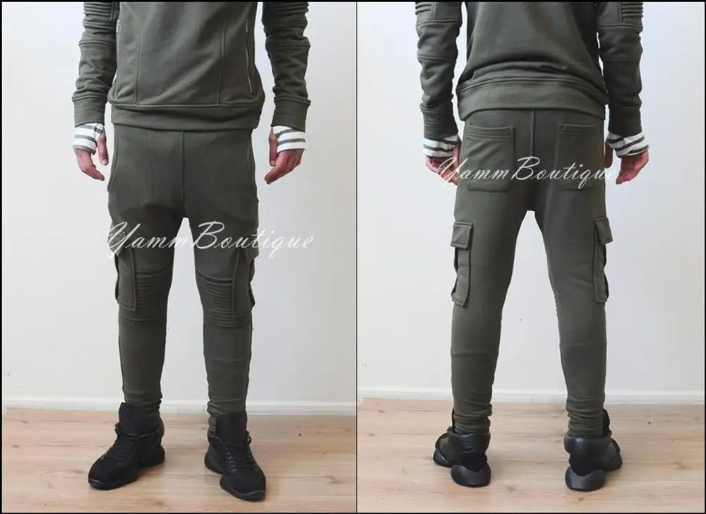 

Men's Low Drop Crotch Knee Quilted Olive Cargo Sweatpant Joggers / Skinny Fit