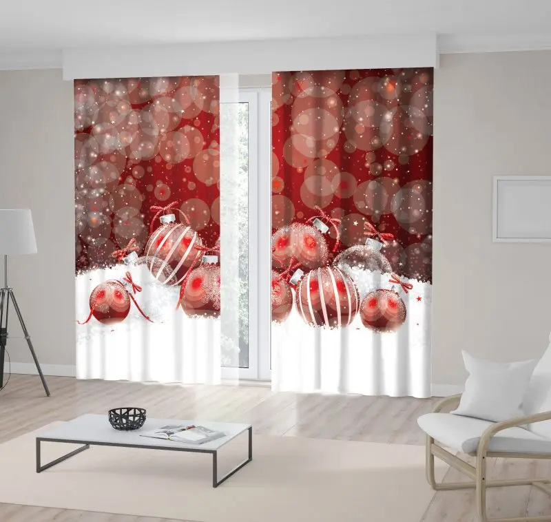 

Curtain Christmas Decorations Ornaments in the Snow Celebration Theme Snowflakes Red and White Art