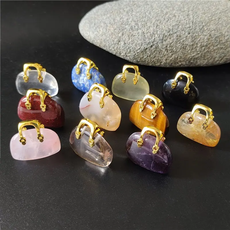 

FUWO Carved Natural Gem Stone Bag Shape Pendant,Mini Amethyst/Citrine/Smoky Quartz/Crystal Charms For Women Jewelry Making PD403