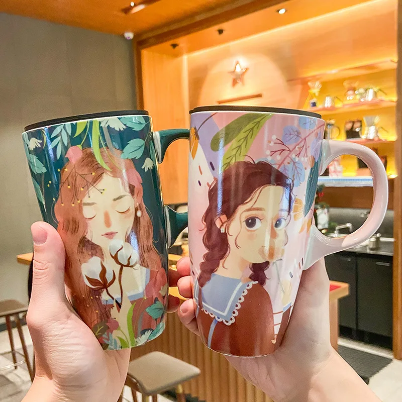 

Large-capacity Mori Girl Mug with Lid Japanese Style Drinking Cup Breakfast Student Cup Cute Coffee Mugs Nice Gifts Ceramic Cup