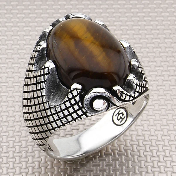 

Grid Pattern Oval Brown Tiger's Eye Gemstone Men Ring 925 Sterling Silver Jewellery Handmade Ring with Natural Gemstone Men Ring
