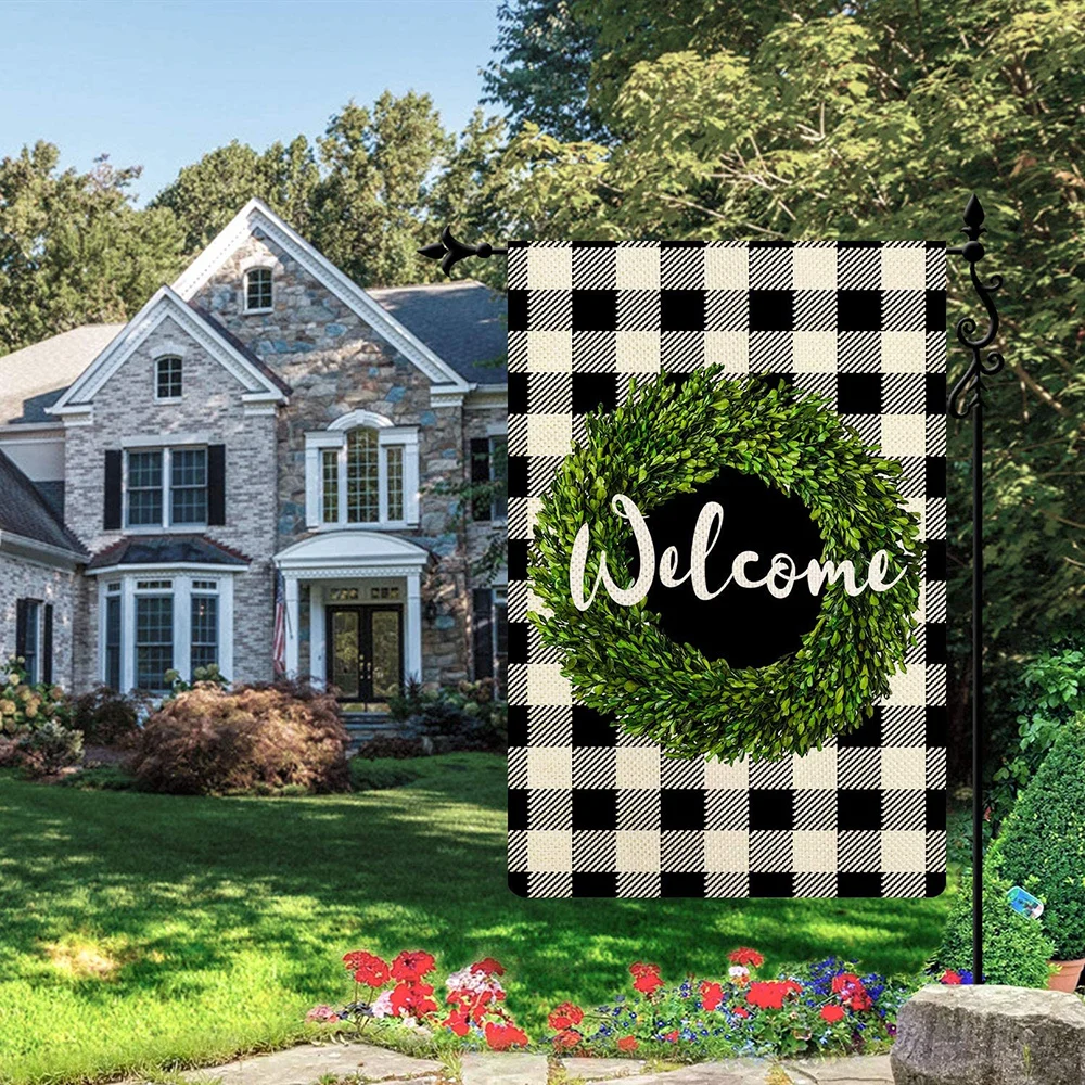 Добро пожаловать Садовый флаг венок из самшита двухсторонний в черно-белую