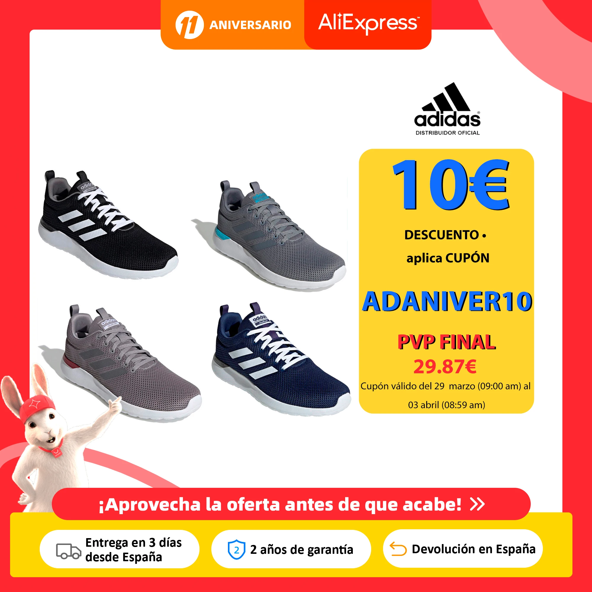 Adidas Lite Racer CLN, Zapatillas para Correr, Hombre, Cordones, Parte Superior Malla, Cloudfoam, OrthoLite - NUEVO ORIGINAL