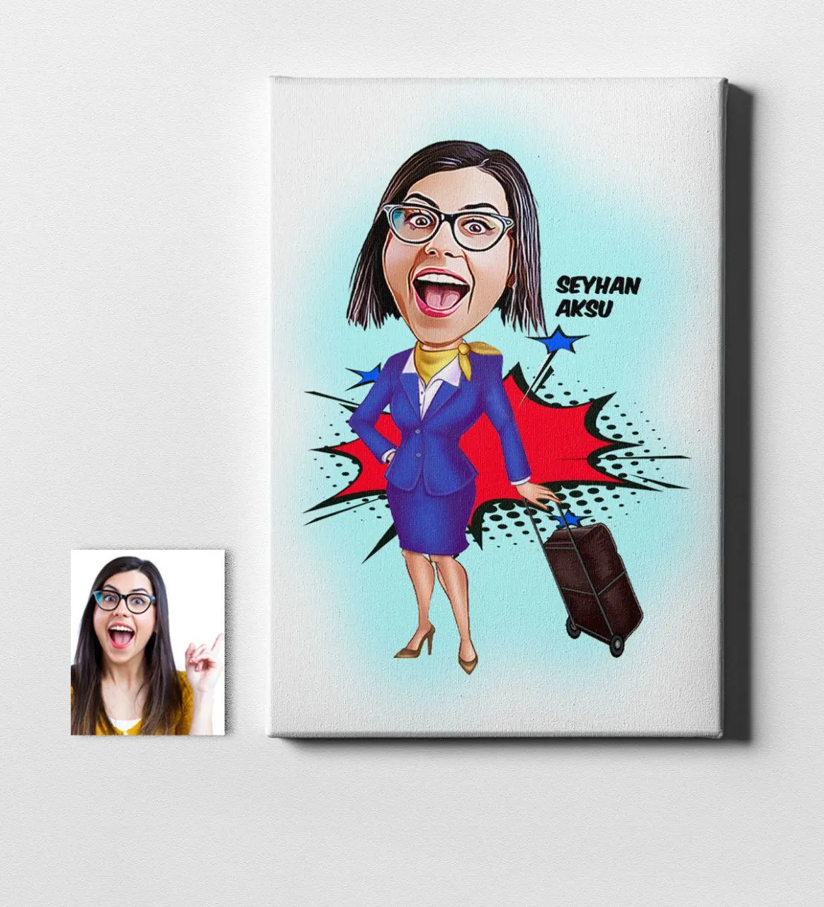 

Personalized Women 'S Flight Attendant Stewardess Cartoon Canvas Print (50x70 cm.) 2 Special Design Souvenir Beautiful Memories Friends