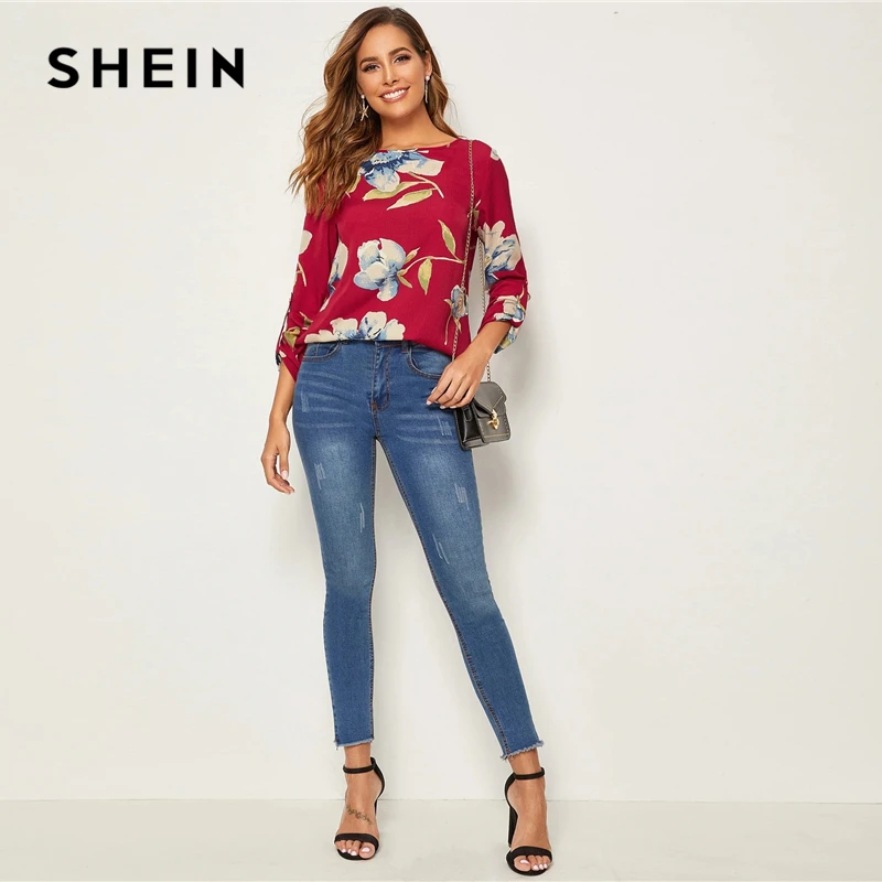 SHEIN, красный рулон, рукав-вкладка, цветочный принт, блузка, женские топы, весна-осень, круглый вырез, с закатанными рукавами, повседневные блузки