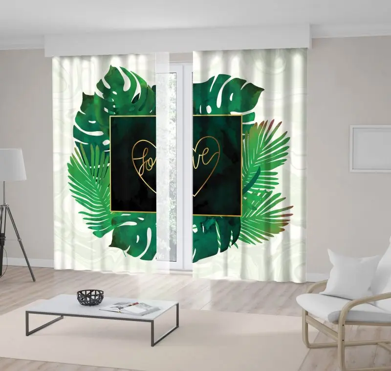 

Curtain Tropical Plants Palm Tree Leaves Heart Shape Love Gold and Marble Romantic Summer Art Decorating