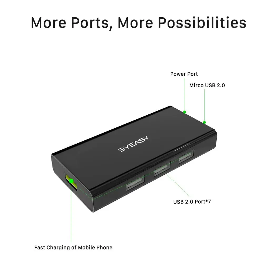 BYEASY USB 2 0 концентратор 7 портов s с кабелем длиной 3 футов адаптером питания и 1