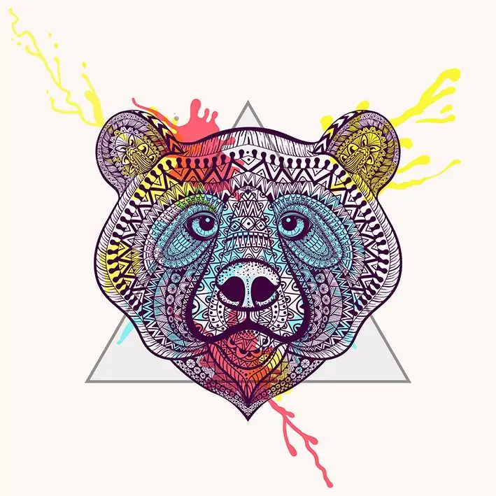 Занавеска для душа медведь лицо в треугольнике с рамкой акварельные чернила