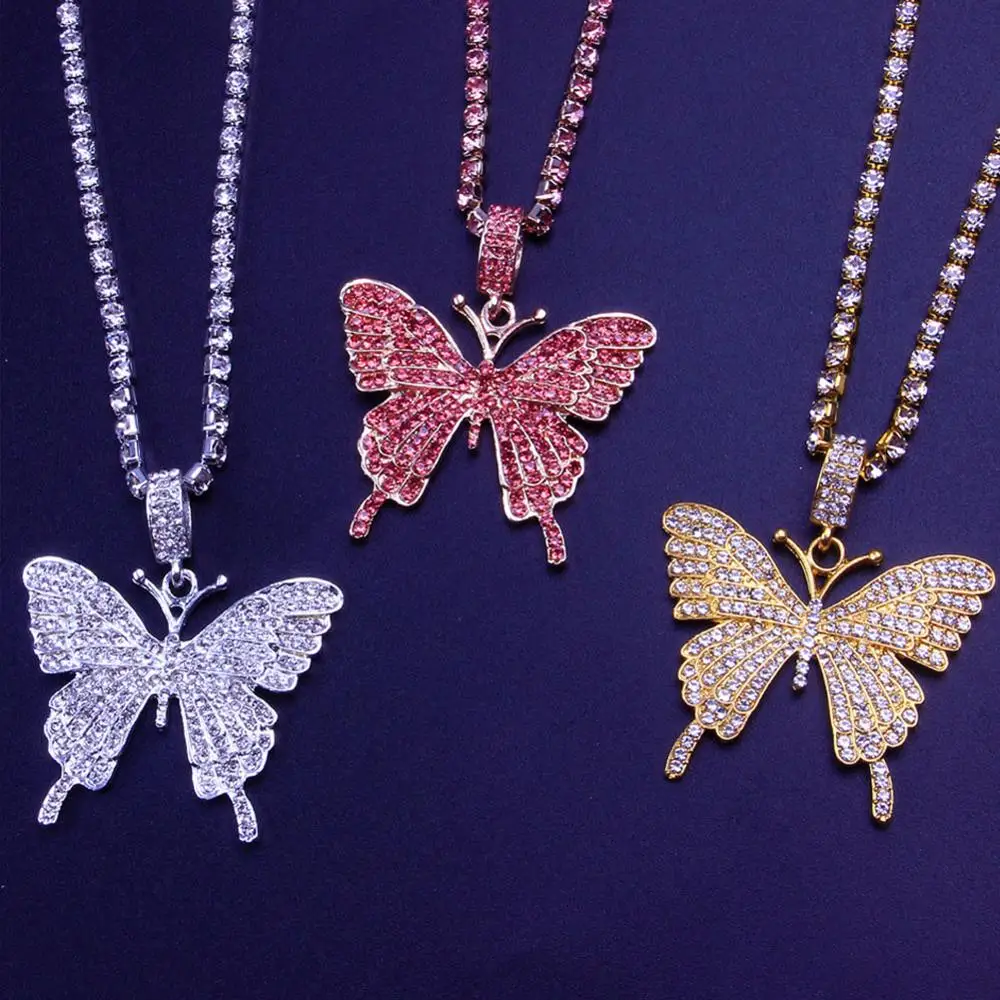 

Statement Rhinestone Necklace Charm Butterfly Pendant Choker for Women Tennis Chain Big Butterfly Necklace Choker Bling Jewelry