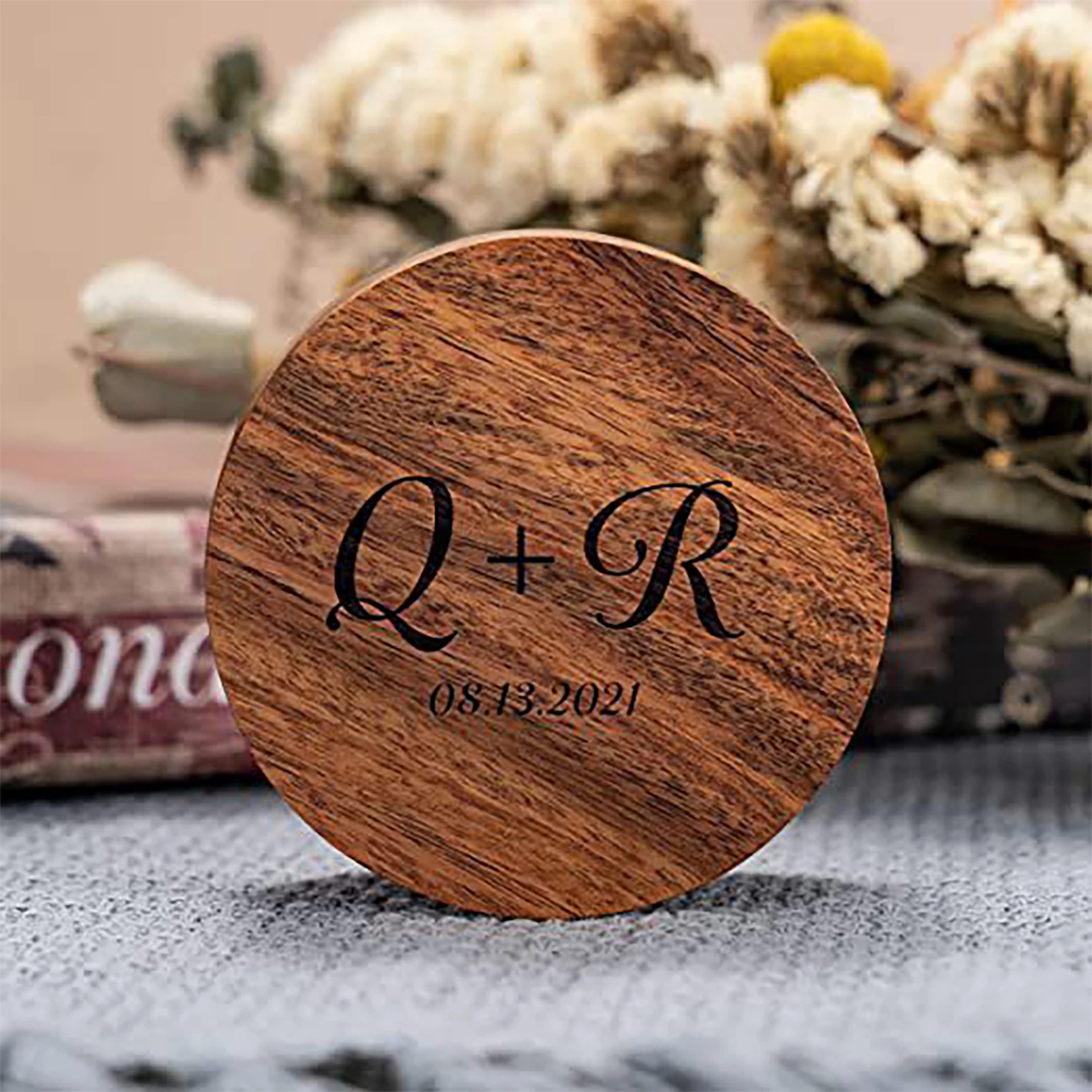 Personalised Round Wooden Jewellery Box for Couple Custom Name With Date Ring Holder Wedding Proposal Ring Bearer Rustic Gifts