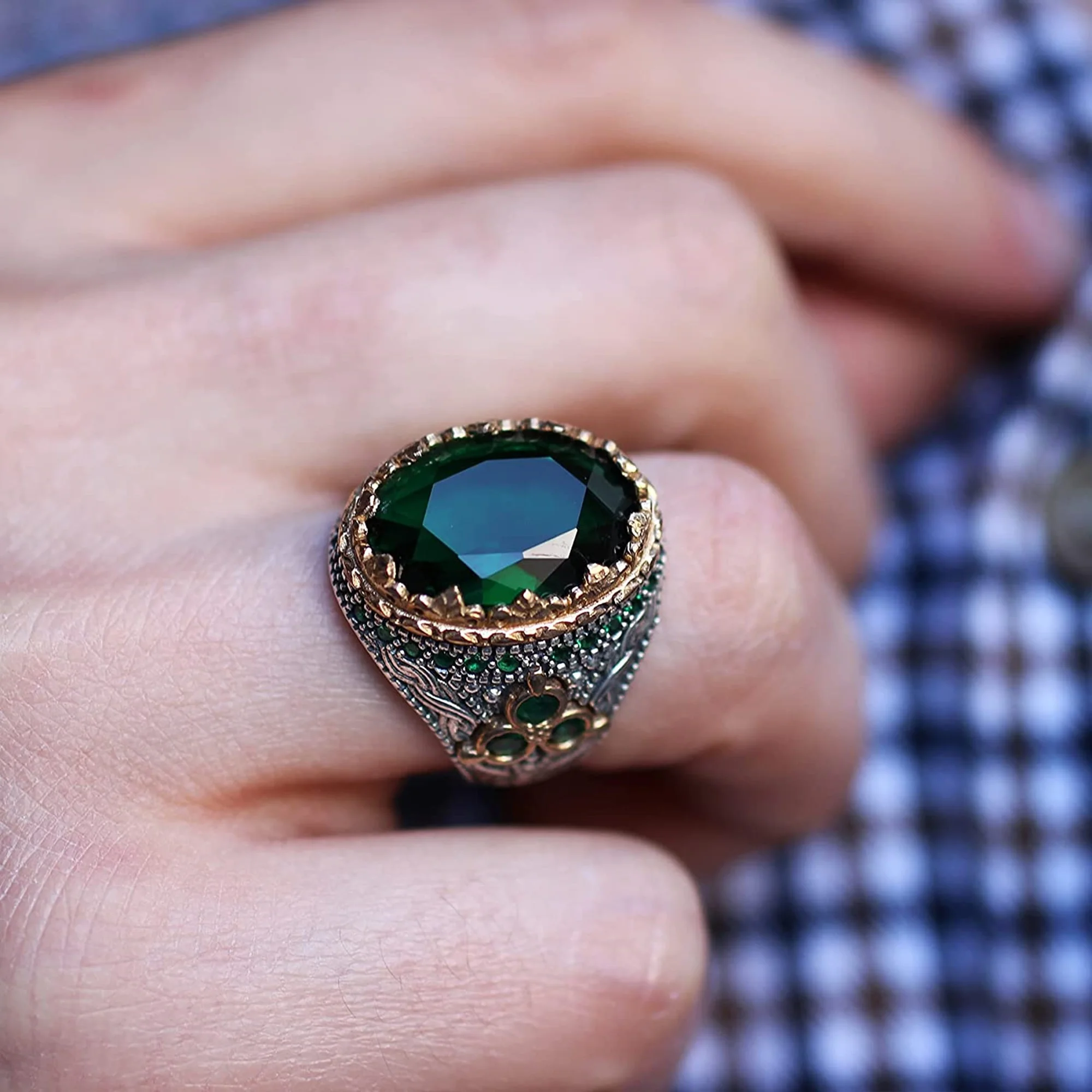 

Sterling silver Turkish Handmade jewelry green zircon men's ring