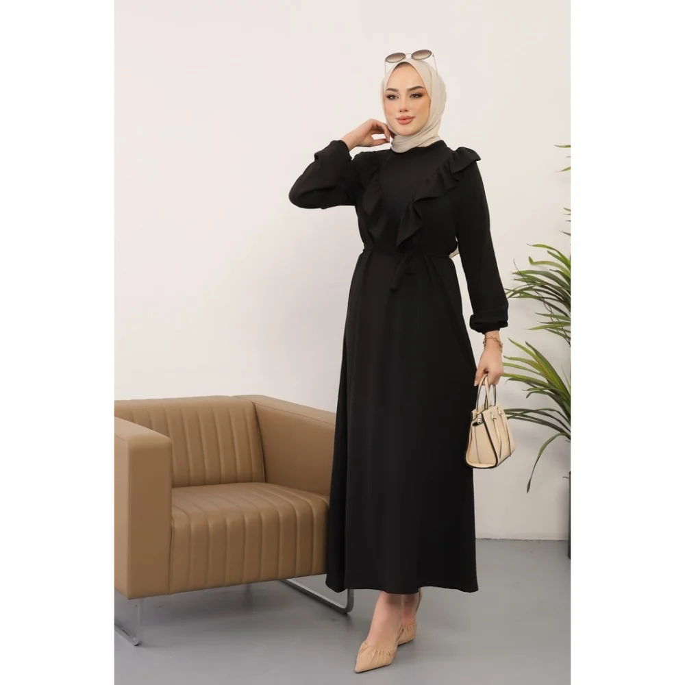 V Neck Frilly Ayrobin Sina Hijab Dress Trend Fashion Fast Delivery abaya muslim dress women kaftan open abaya long dress african
