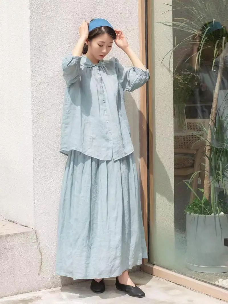 

Spring Summer Women Loose Plus Size Japan Style Mori Girls Comfortable Elastic Waist Comfortable Breathable Thin Ramie Skirts