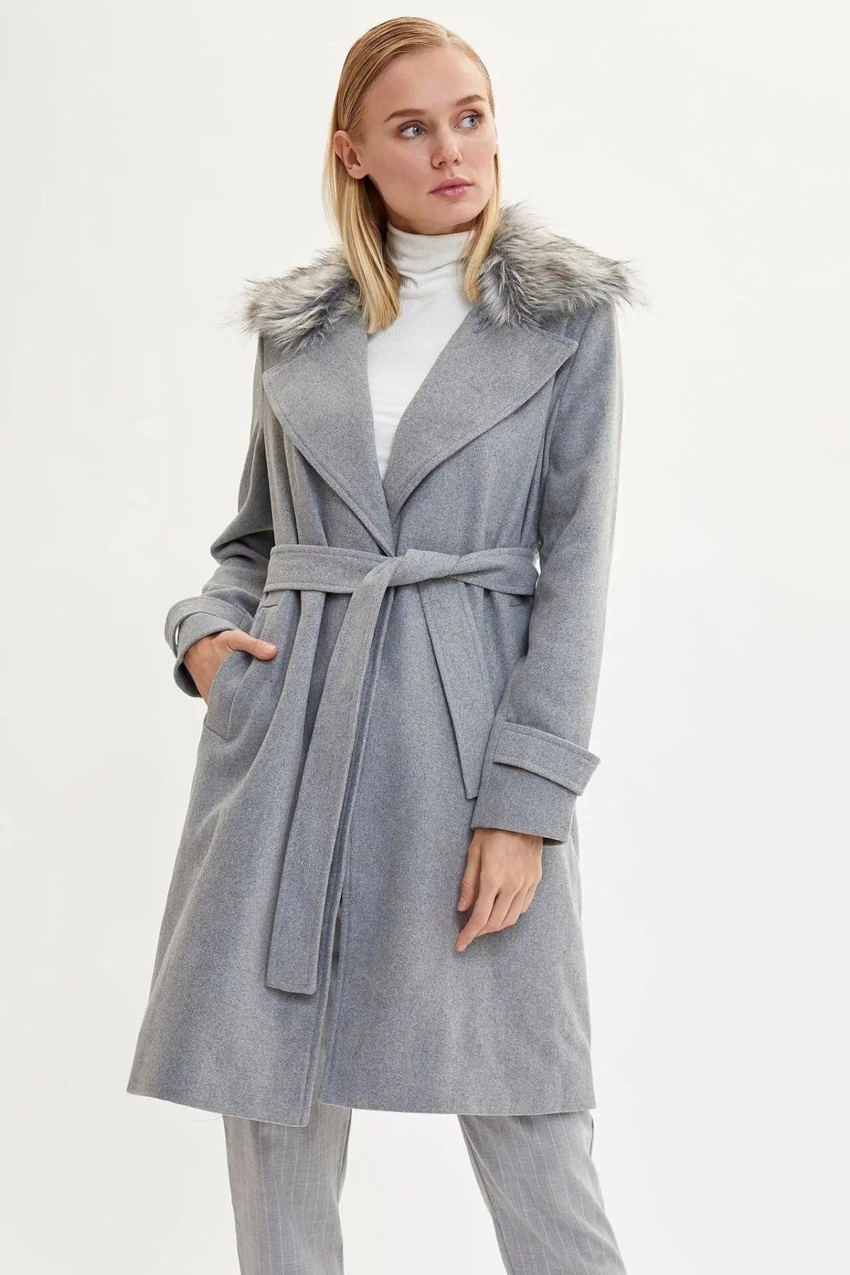 Дефакто Женское пальто Cachet Женский светильник серое зимнее длинное модное