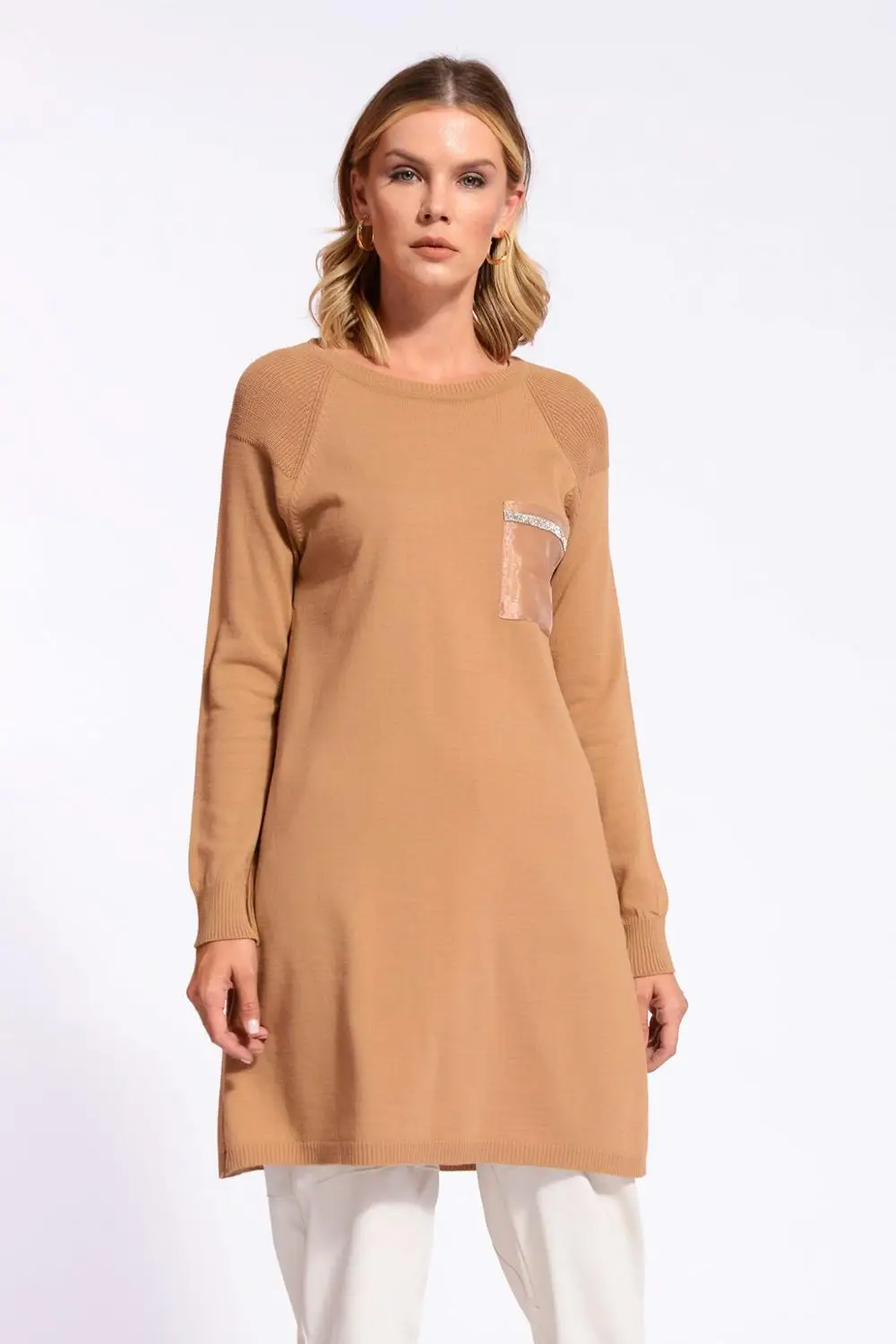 

Nefise 2020 Women Knitted Streachable Crew Neck Warm Soft Long Sleeve Sweater Tunic Dress Winter Autumn Black White Beige Gray