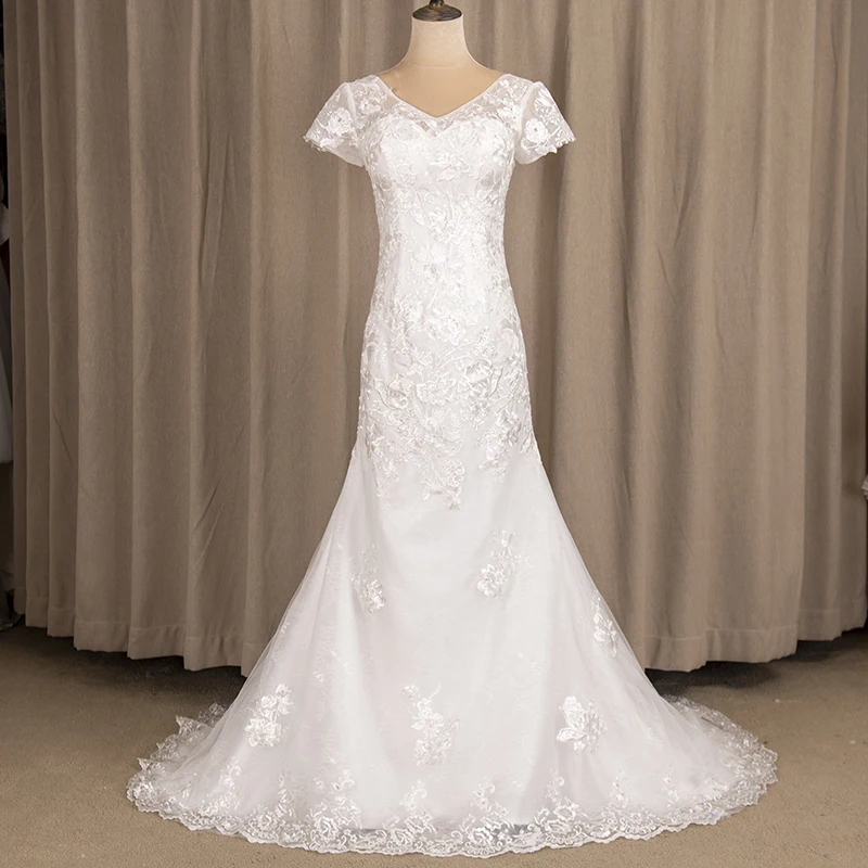

V Neck Lace Mermaid Wedding Dress Appliqued 2021 Cap Sleeves Backless Corset Luxury Bridal Gown Photoshoot Factory Price 3172#
