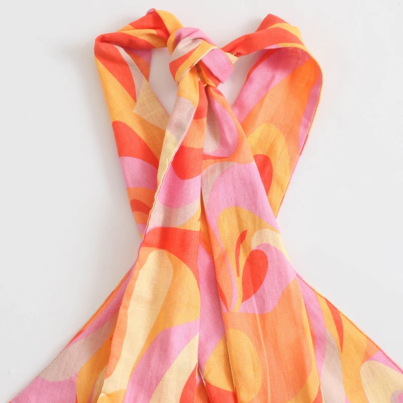 

XEASY Women 2021 Fashion Printing Bow Tie Halter Neck Tank Short Tops Vintage Sexy Backless Elastic Bust Female Camis Mujer