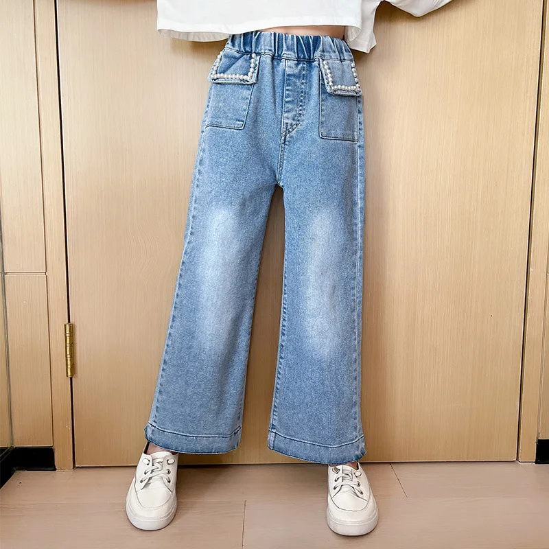 

Джинсы для девочек повседневные Прямые джинсовые штаны коллекция 2022 года, весенние модные синие широкие штаны Свободные Детские универсал...