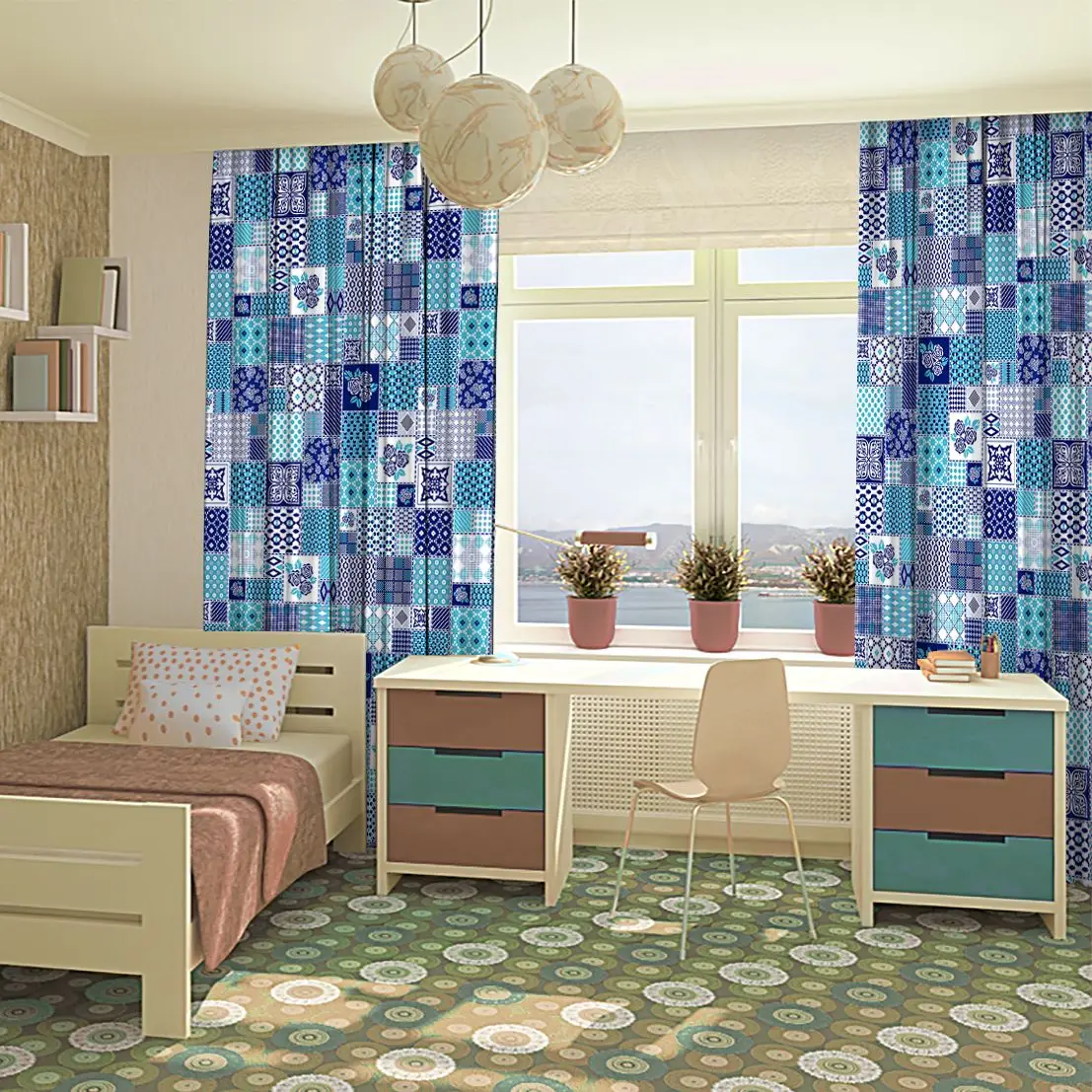 Лоскутная штора узор с геометрическими узорами и цветами в горошек снежинки