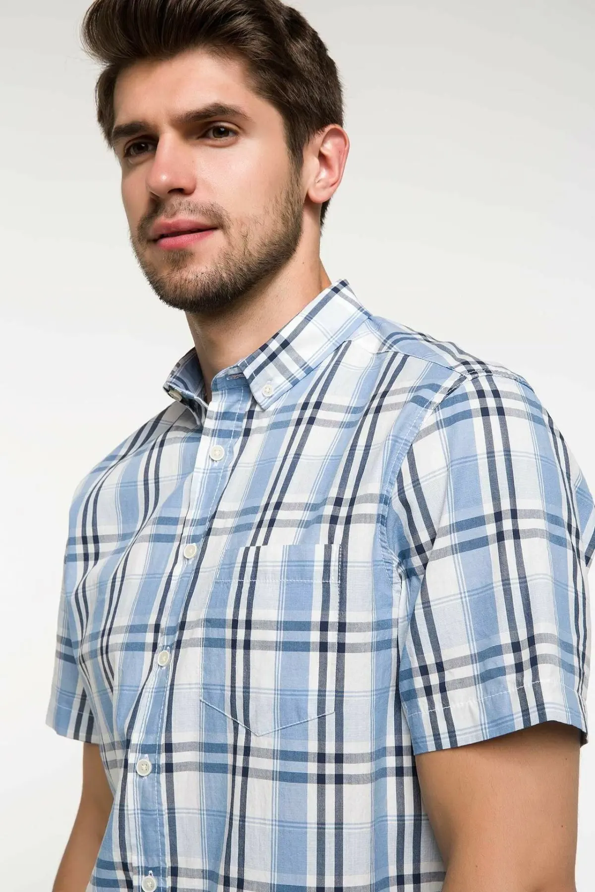 DeFacto Man Summer Plaids Short Sleeve Shirt Men Smart Casual White Grids Top Shirts-I7874AZ18SM | Мужская одежда