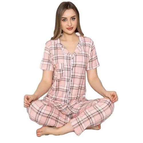 

Cotton Plaid Pattern Top Button Half Sleeve Bottom Long Pants Elastic Pink and Gray color Women 'S Sleepwear Dual Takımı