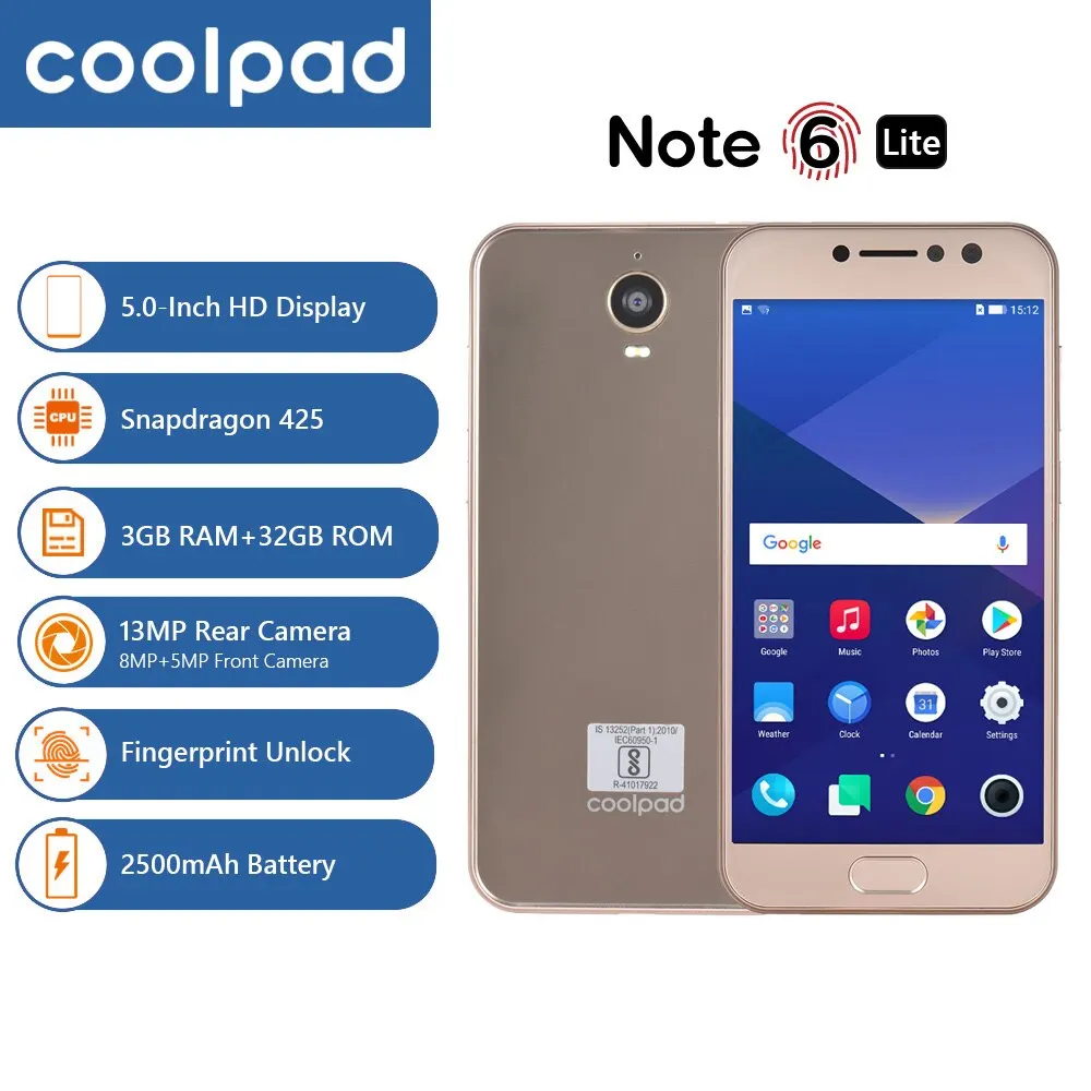 Coolpad примечание 6 Lite 4G, мобильный телефон с функцией 5-дюймовый HD Дисплей Android 7,1 3 Гб оперативной памяти, Оперативная память+ 32 ГБ Встроенная память 13MP 8MP 2500mAh смартфон с отпечатками пальцев