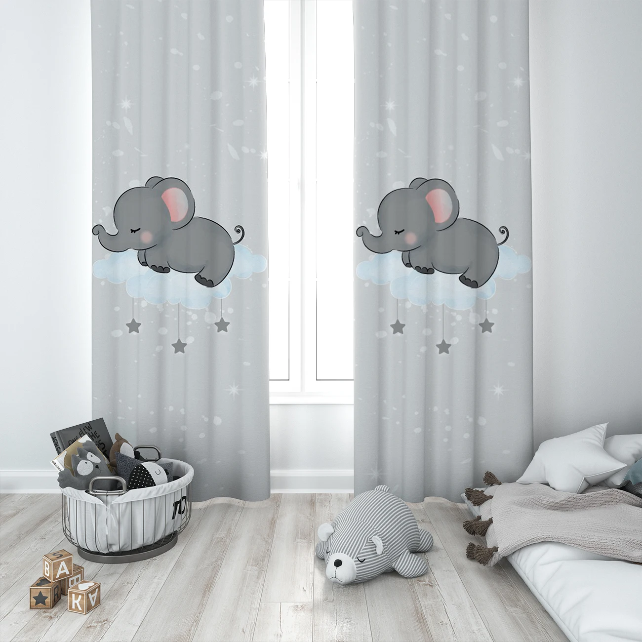 

Cute Cloudy Elephant Baby Kids Nursey Special Design Canopy Hook Button Blackout Curtain Jealous Window Bedroom Living Room