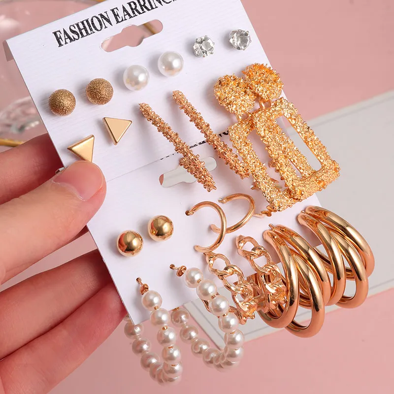 Модные серьги-кольца с жемчугом винтажные геометрические золотые металлические