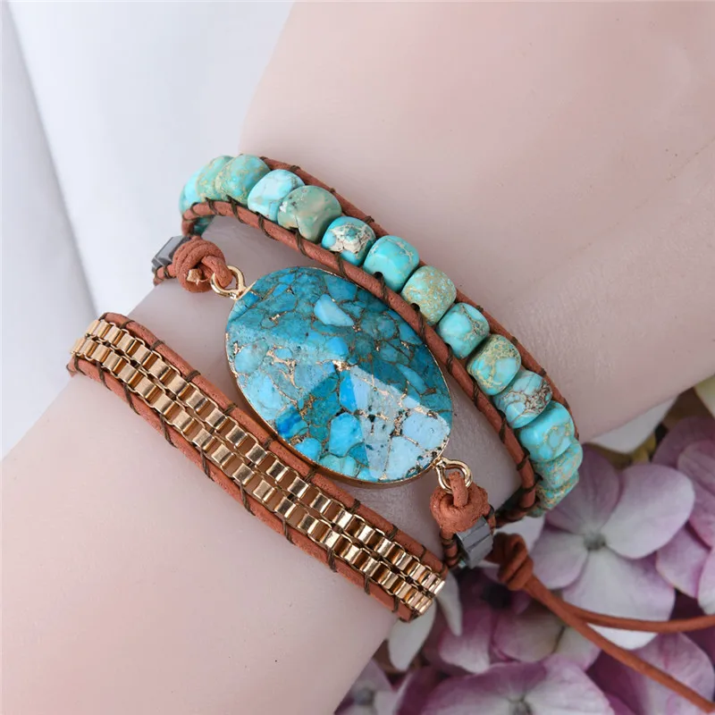 Женские браслеты уникальные натуральные камни Натуральный Druzy Charm 3 слоя кожаный