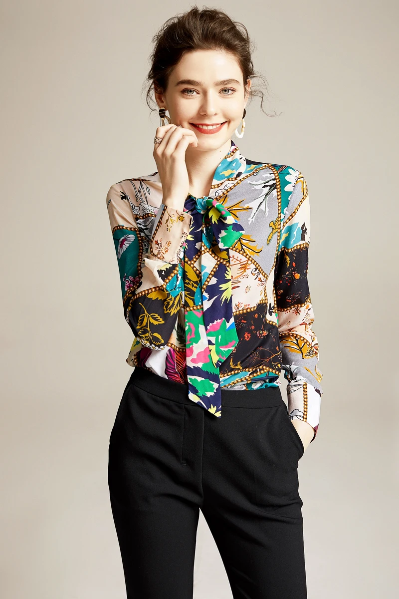 Женская модельная рубашка из 100% чистого шелка Элегантная блузка с бантом на