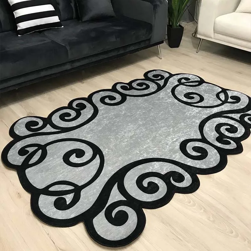 

Laser-Cut Gray and Black Living Room Rug Home Decoration Trend Pattern Slip-Resistant Faux Leather Sole Foal Feather Fabric Runner Carpet
