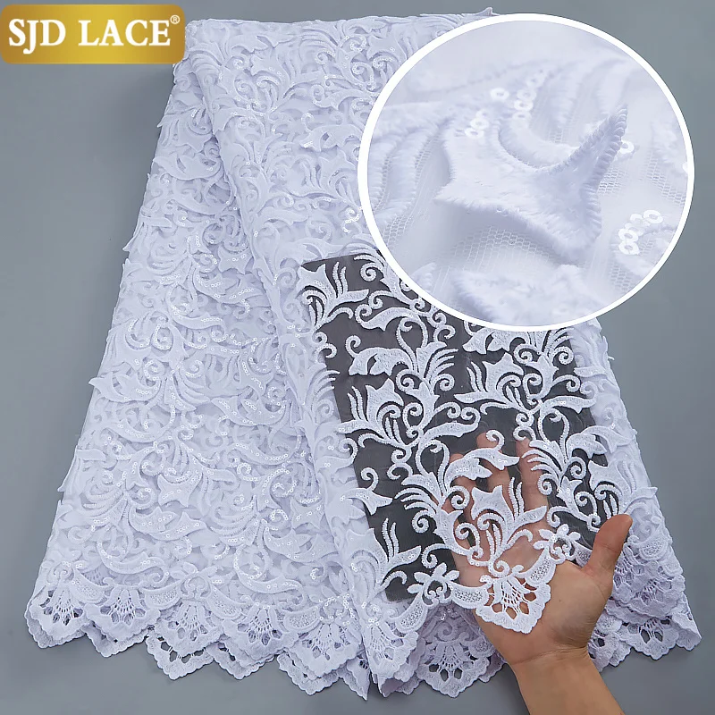 

SJD LACE African Lace Fabric Embroidery Sequins French Milk Silk Tulle Lace Fabric High Quality 3D Flower Mesh Bridal DressA2848