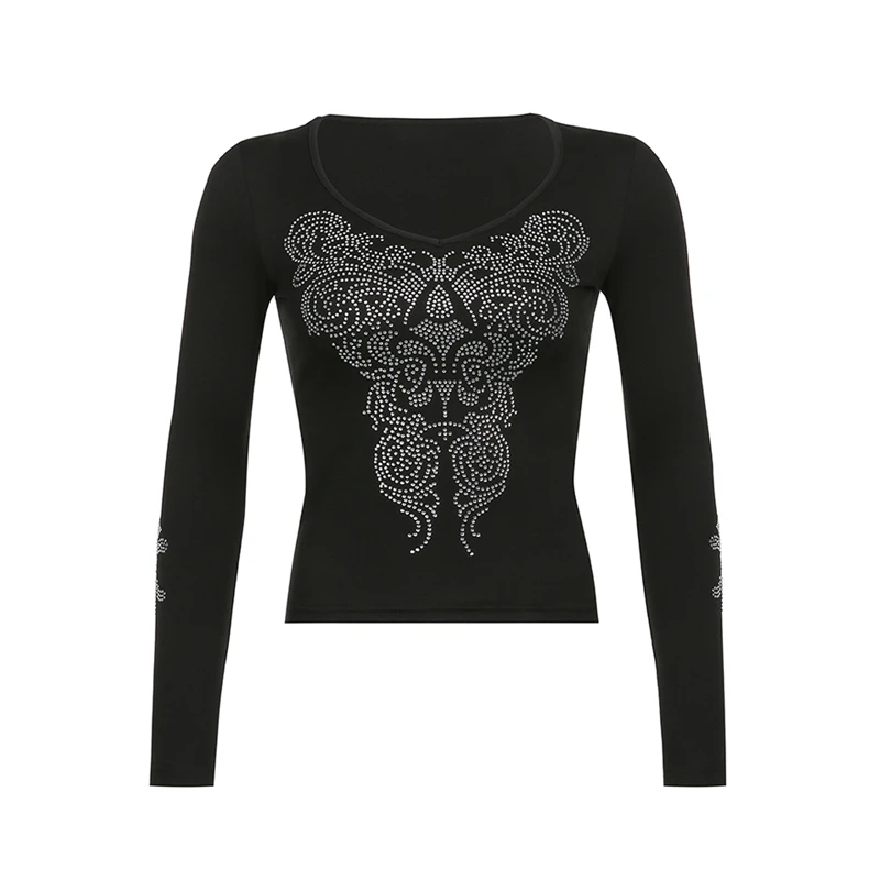 Xingqing Angel Wings Print Tops Fairy Grunge Graphic T Shirts Vintage Indie Aesthetic Clothes Cyber Y2k Slim Long Sleeve Top couple t shirt