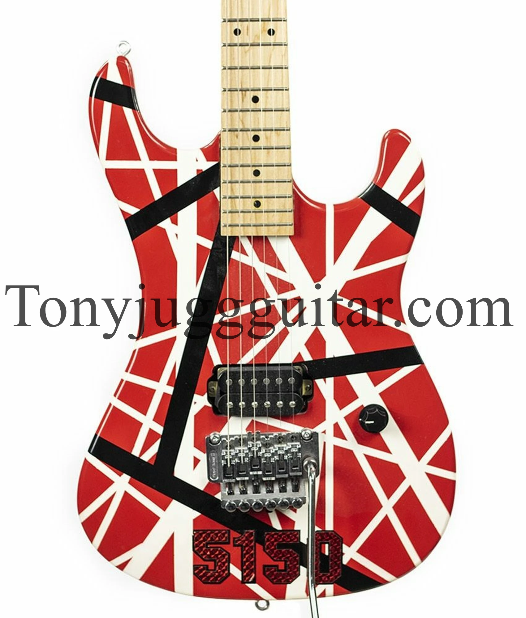 

Kram Eddie Edward Van Halen 5150 White Stripe Red Electric Guitar Floyd Rose Tremolo Bridge, Locking Nut, Maple Neck,