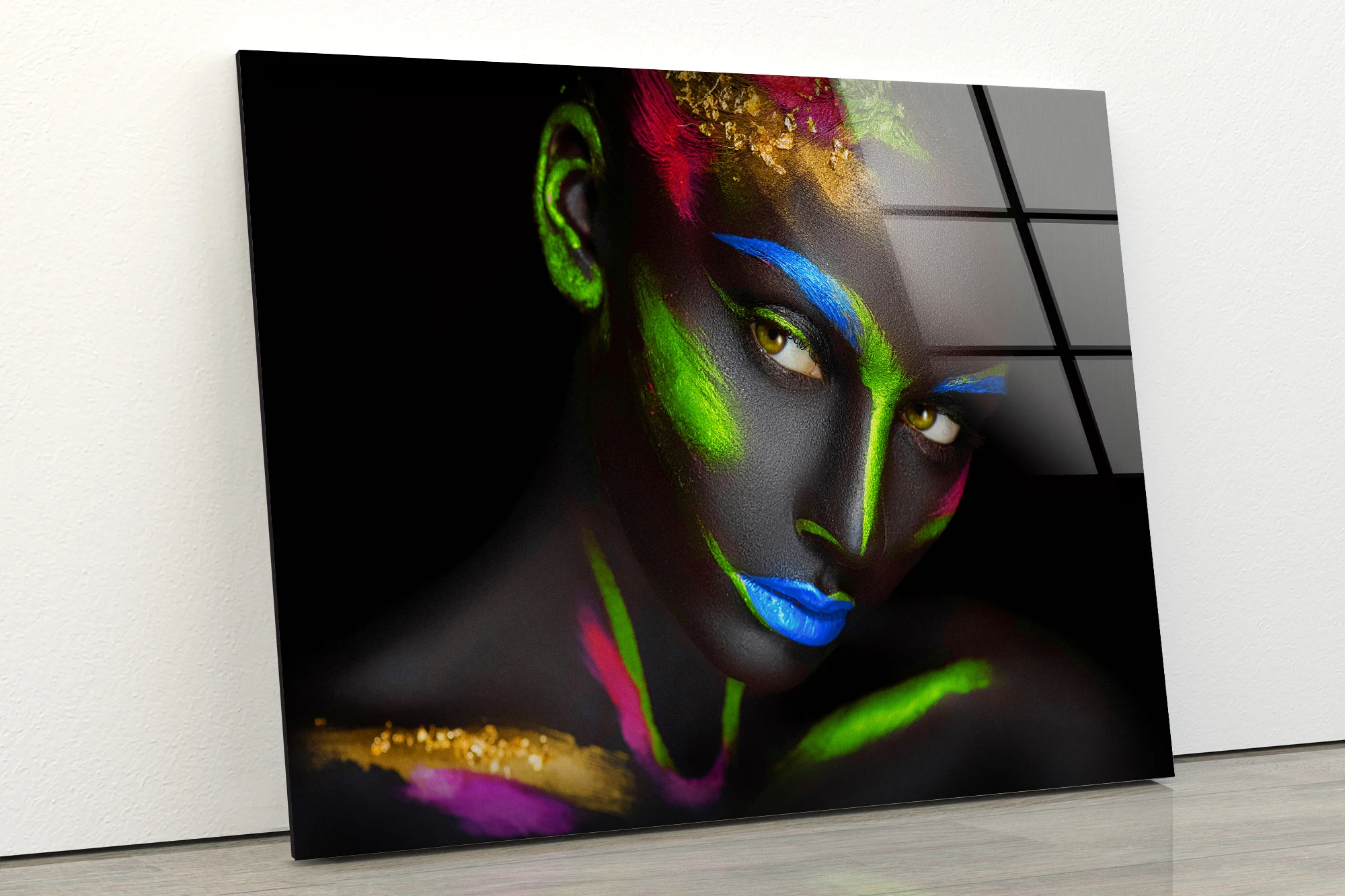 

Glass Print Picture Wall Art For Office Home Decor, Large Glass Wall Art, Wall Hanging, UV Printing, Elegant Neonwoman Wall Art