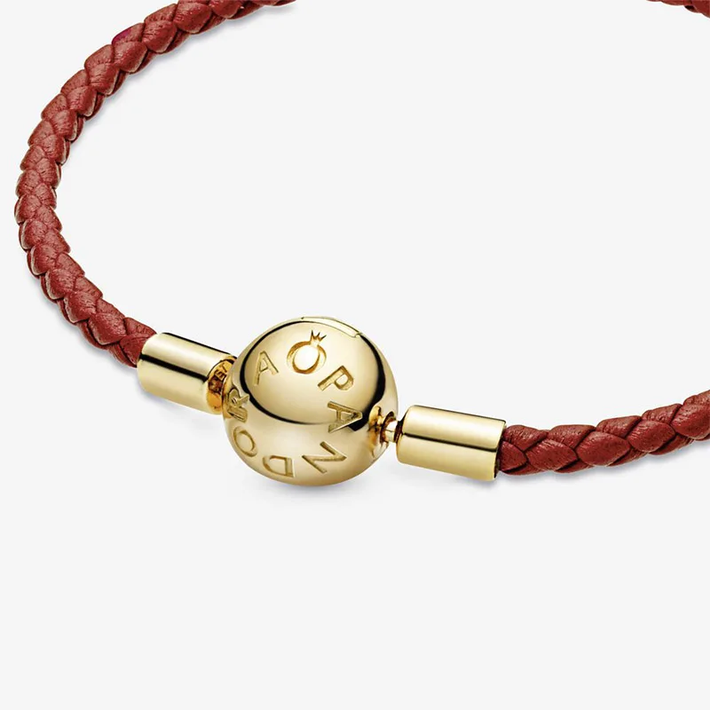 

Genuine PANDOR Silver S925 Black Red Leather Bracelet With Gift Box Bangle