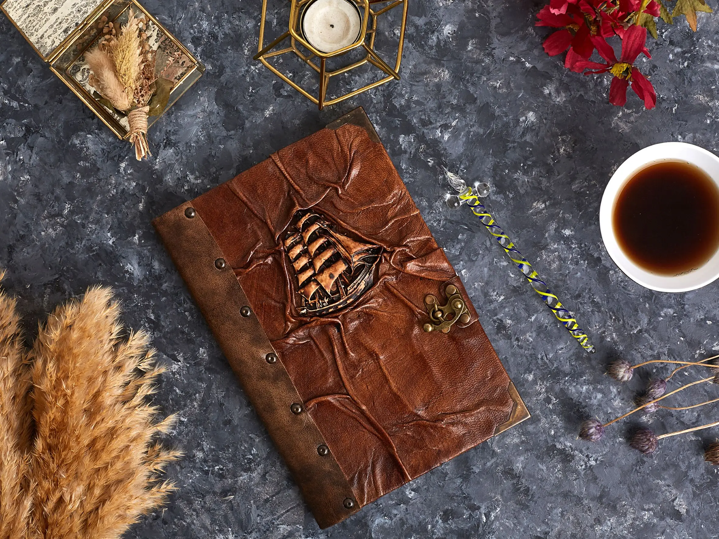 

Brown Leather Handmade Notebook Ship Design Journal Dairy Book