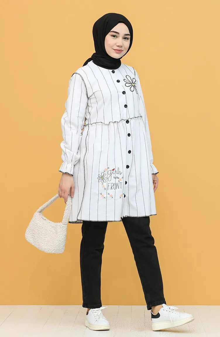 

Ecru Color Button Striped Tunik Hijab Top Clothes Muslim Fashion Large Size