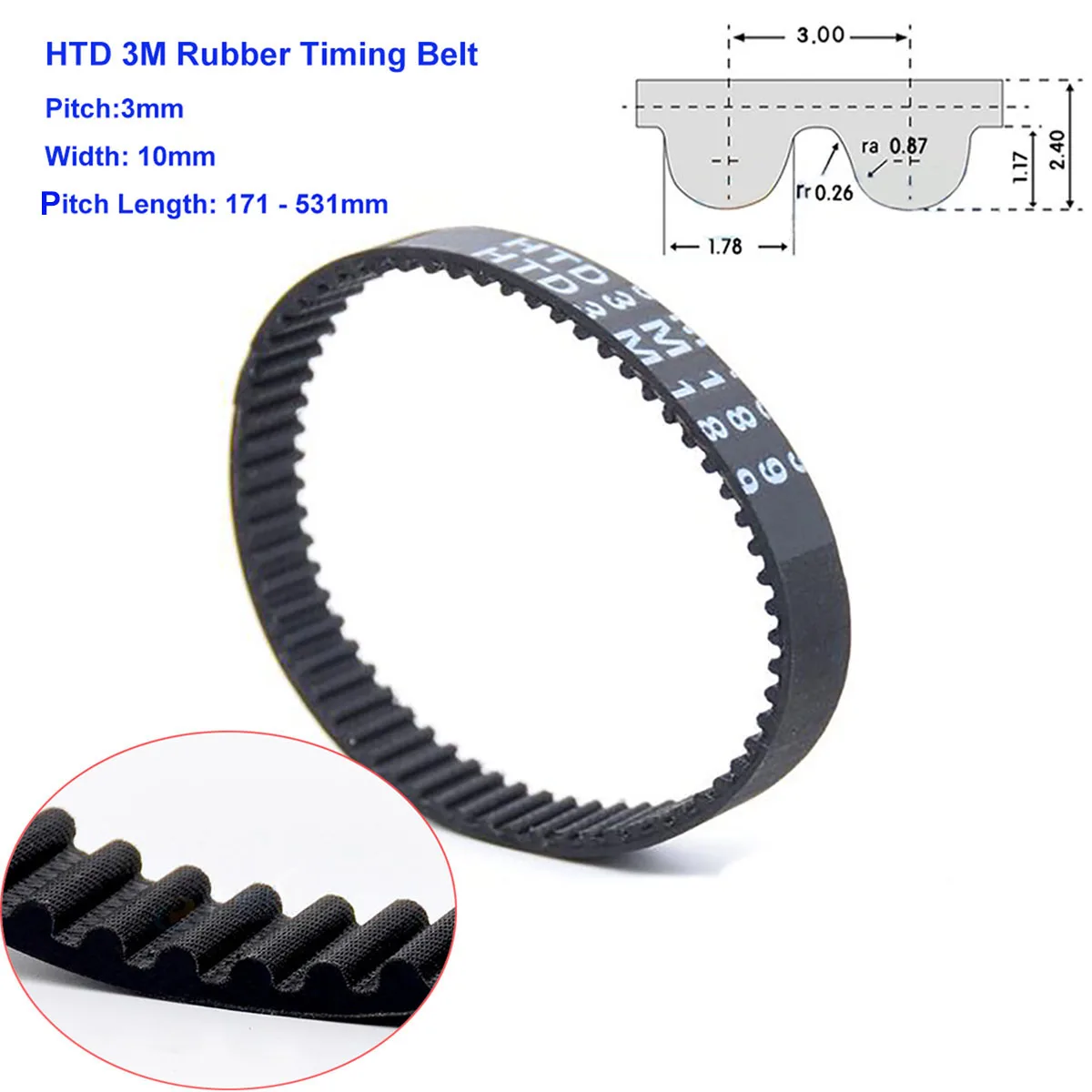 

1pcs Width 10mm HTD 3M Rubber Arc Tooth Timing Belt Pitch Length 279 351 357mm Transmission Belt Pitch 3mm Closed Loop