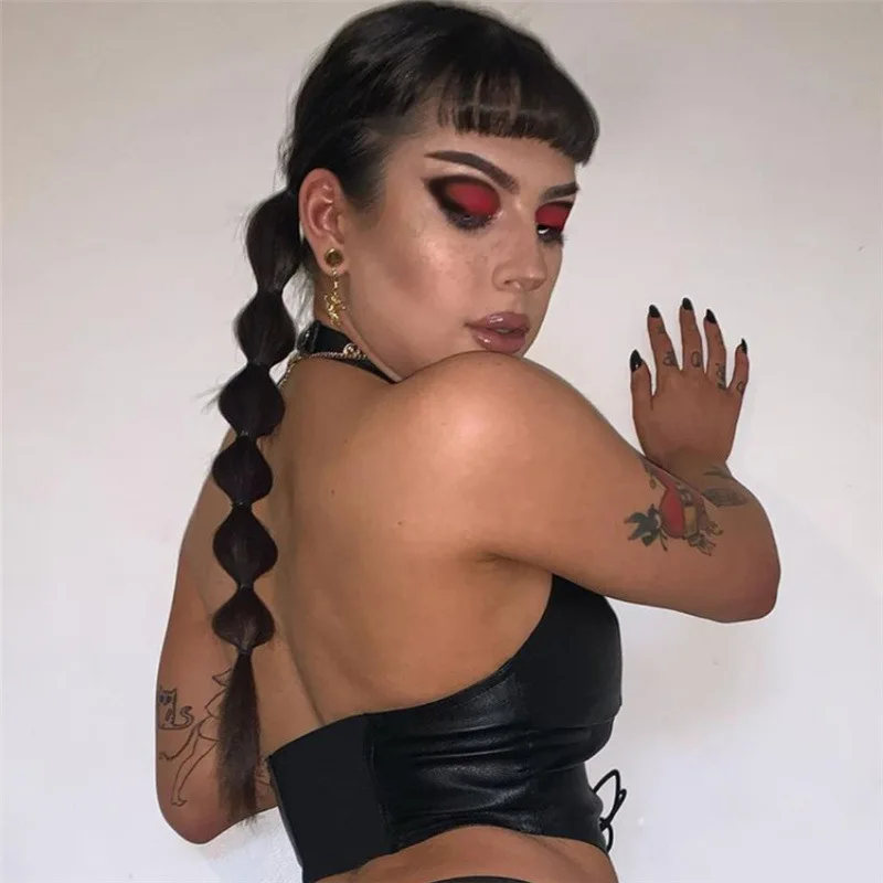 

CIBBAR PU Leather Bandage Halter Tops Women Summer Sleeveless Backless Bodycon Crop Top Sexy V Neck Night Club Party Outfits Hot