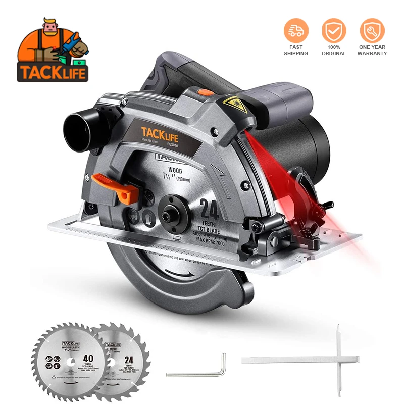 TACKLIFE Electric Circular Saw,1500W, 5000 RPM With Bevel Cuts 2-3/5'' (0°), 1-7/10''...