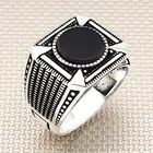 Мужское серебряное кольцо с Круглым Черным Ониксом и мини-камнем, симметричный мотив, Сделано в Турции, однотонное зеркальное серебро