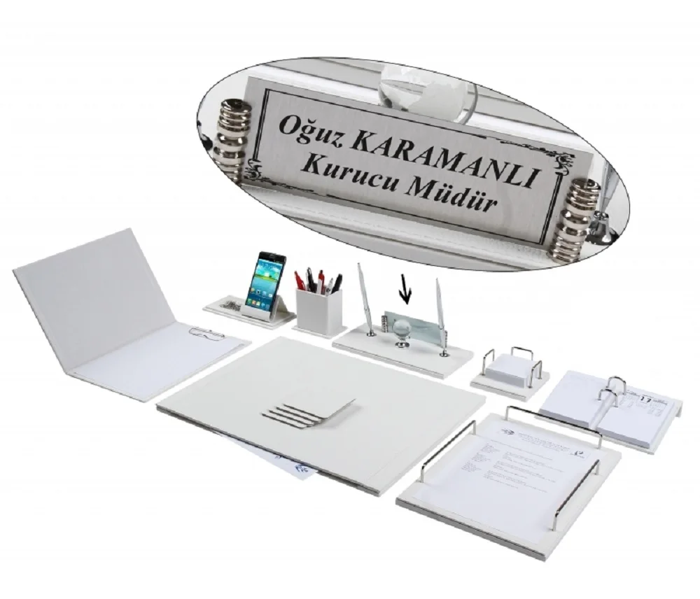 NEVA 12 Pieces Full Set Luxury White Leather Desk Set/Desk Pad Set with Name Plate Nameplate Tag Chief Organizer
