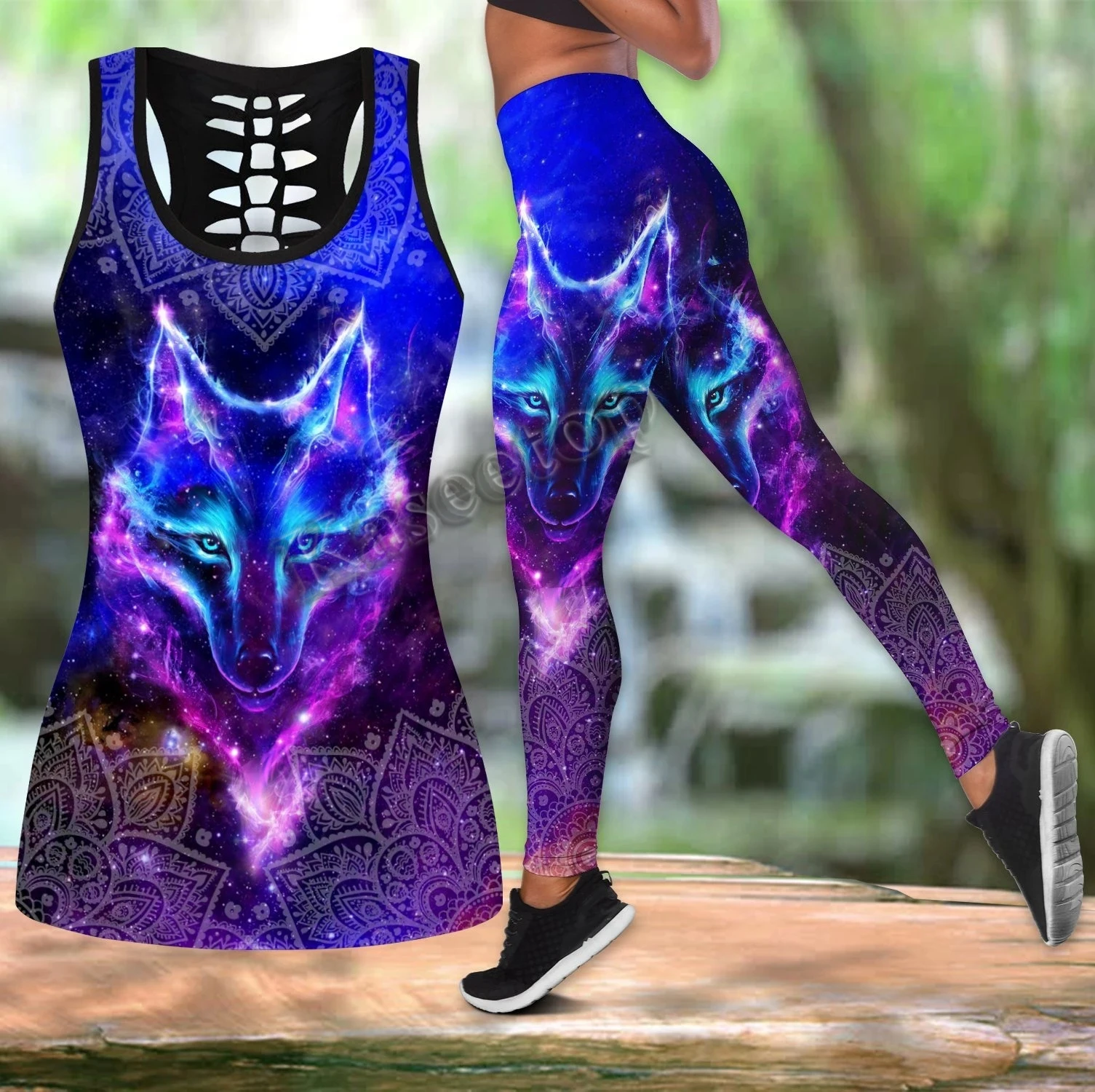 

Harajuku Wolf Purple 3D Print Women Two Piece Yoga Set Vest Hollow Combo Tank Top Legging Waist Sport Fitness Quick Dry LK267