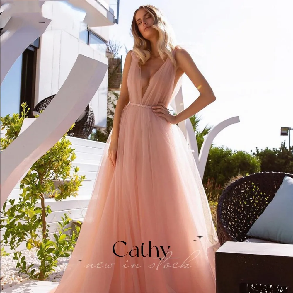 

Cathy French V-neck Tulle Sweep Train Evening Dresses Grace Sexy Ball Gown Party Dresses Custom Prom Dresses Vestidos De Fiesta