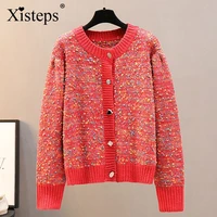 xisteps chic knitted ladies sweater colorful printed women cardigen contrast color o neck long sleeve autumn 2020 outwear coat