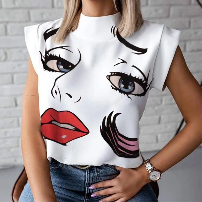 

Блузка женская с принтом губ, Модный элегантный топ с воротником-стойкой, Повседневная офисная рубашка, лето 2022