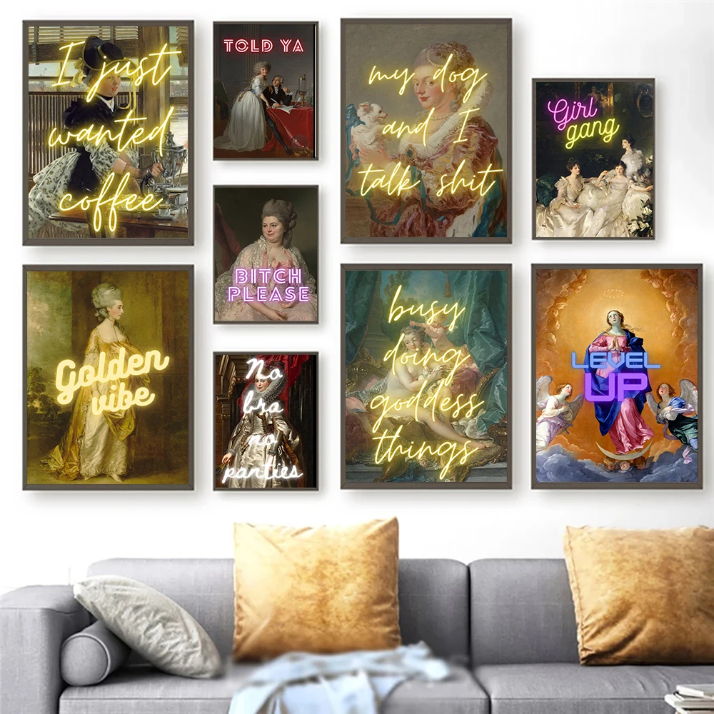 Измененная винтажная живопись, необычная Дева Мария, неоновая цитата, плакат, я просто хочу кофе, холст, живопись, настенное искусство, домашний декор